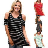Women's round collar strapless sleeve striped short-sleeved T-shirt
