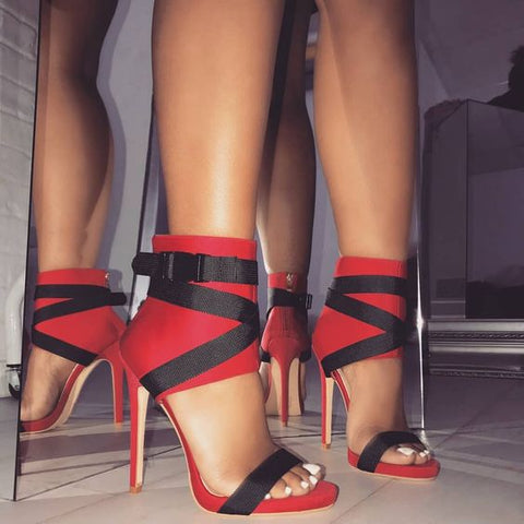 Red Buckle Zipper Stiletto Heel Sandals Ribbon straps color matching hollow high-heeled Roman shoes sandals tricolor
