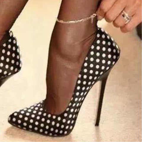 azmodo Women Black Polka Dot Pointed Toe Satin Fabric Slip-On Pumps with High Stiletto Heels Shoes
