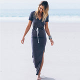 Solid color dress V-neck waist slit pencil dress