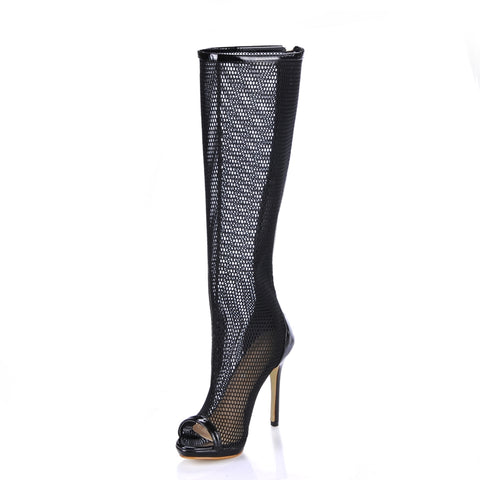 Black Hollow Out Stiletto Heels Peep Toe Women's Boots