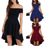 Women Cute Pleated Black Dresses Short Sleeve Front Short Long Back Slash Neck Evening Party Dress