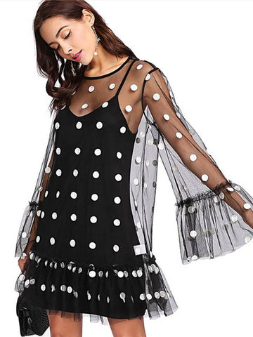 azmodo Long Sleeve Polka Dots Prints Day Dress