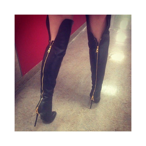 azmodo Black Back Zipper Knee High Boots