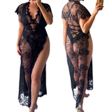 Eyelash lace blouse sexy perspective split deep V sexy dress