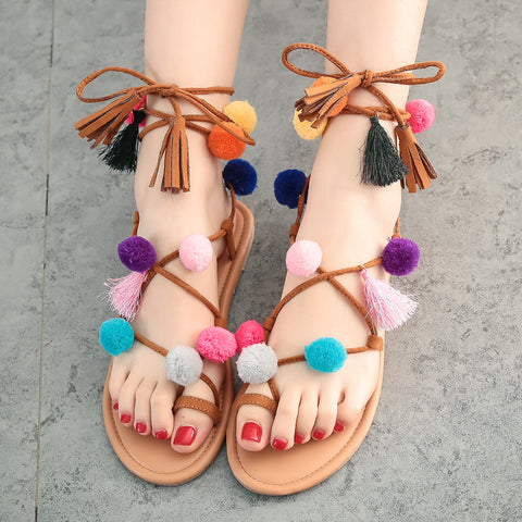 Bohemia  flower colorful hair ball flip flops and female students newest style multi-color flat sandals clip toe  beach lace up fringe colorful pom sweet girls' beach sandals cheap price