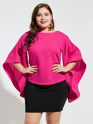 Flare Sleeve Plus Size Solid Color Women's Blouse