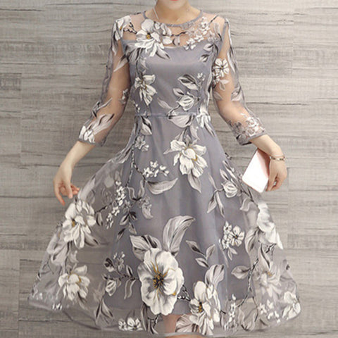 crew neck see through floral printed skater dresses Floral Printed See-Through Midi Skater Dress AZMODO.COM
