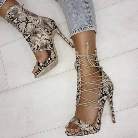 Roman Sandals Women Pumps European New Style snakeskin Booties Ladies Sexy Hollow Cross Lace Up Rivets Stiletto High Heels Shoes Woman