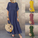 Women vintage O-Neck long maxi dress Dot Peinted Casual summer Dress beach boho dresses