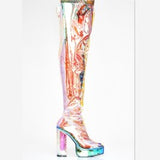 Sexy Over the knee Boots Transparent Shoes Woman Rainboots Crysta High Heels Botas Mujer Shoes