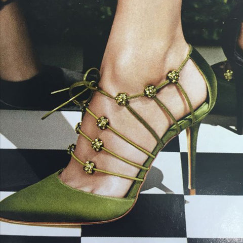 azmodo Green Lace-Up Sexy Stiletto Heels