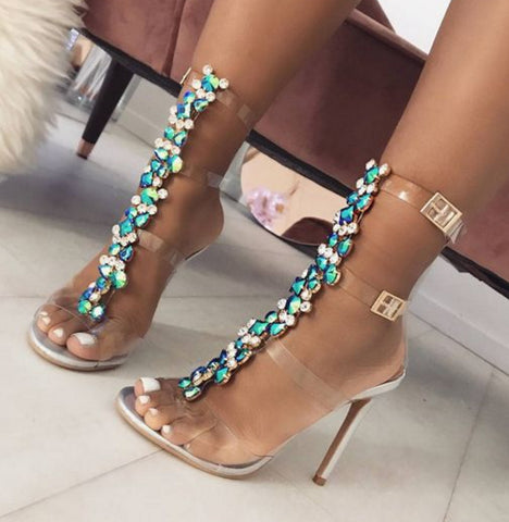 PVC Jelly Blue Crystal Sandals Open Toed High Heels Sexy Buckle Strap Women Sandals Pumps Silver size