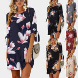 Fashion Sleeve Print Tie Round Neck Dress