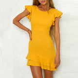 Round Neck Flounce Plain Short Sleeve Casual Dresses