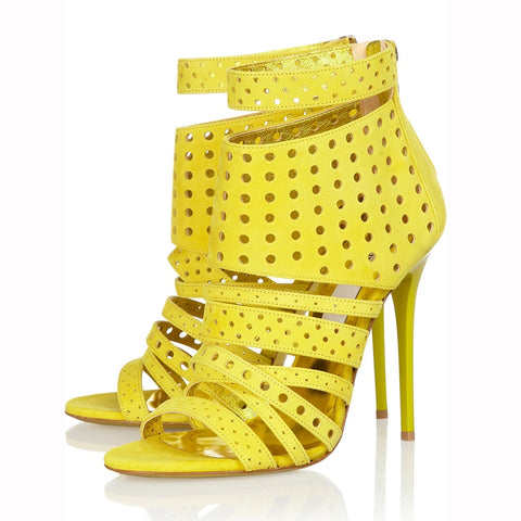 azmodo Yellow Hollow Out Strappy Dress Sandals