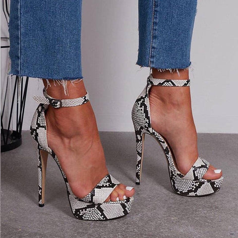 women summer sandals open toe snake PU leather shoes woman zapatos mujer ladies chunky high heels pumps chaussure