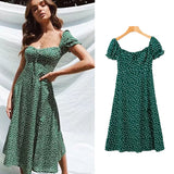 Summer Vintage Party Dress Square Collar Ruffle Elegant Sexy Dress Beach Female Green Mid Dresses Vestidos