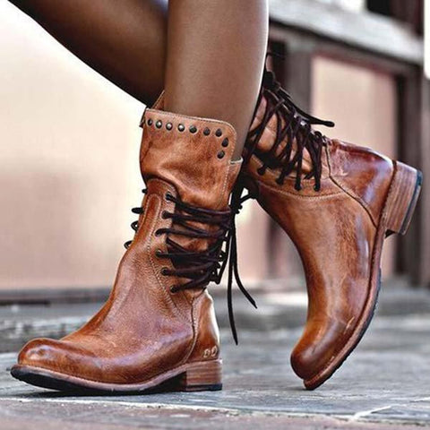 azmodo  Retro Lace Up Round Toe Back Zip Ankle Boots
