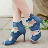 Denim Worn Zipper Peep Toe Stiletto Heels