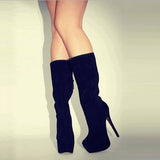 Sexy Black Suede Platform Leopard Grain Sole Knee High Boots