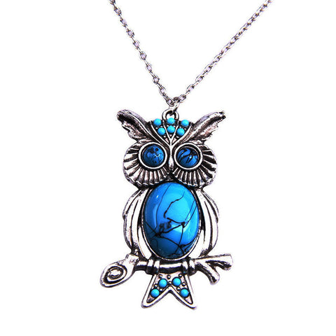 Fashion Vintage Turquoise Necklace Ethnic Wind Owl Pendant Long Necklace Sweater Chain
