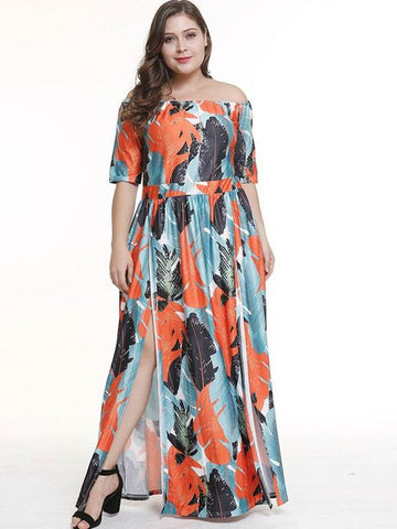 azmodo Plus Size Off Shoulder Prints High Waist Split Maxi Dress