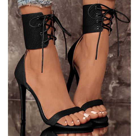 Summer Fashion Snakeskin Grain Thin High Heels Shoes Women Sandals Ladies New Peep Toe Lace-Up Woman Sandalias 688-9