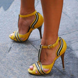 azmodo  Yellow Patchwork Peep Toe Stiletto Heels