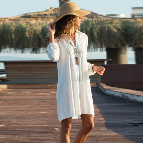 Lapel V Neck Long Lantern Sleeve Plain Casual Dress