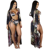 Leaf print outer sunscreen blouse + hanging neck straps split swimsuit female three-piece suit