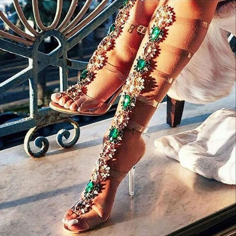 Women Knee High Gladiator Stiletto Heel Strappy Buckle Crystal Rhinestones Sexy Dress Sandals