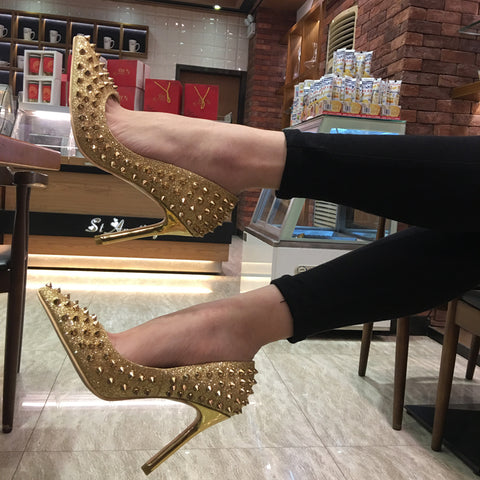 Sequined rivets high heel stiletto shallow pointed single shoes female