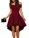 Women Cute Pleated Black Dresses Short Sleeve Front Short Long Back Slash Neck Evening Party Dress