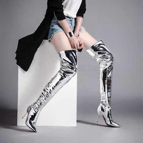 Silver mirror bright leather over the knee boots pointed high-heeled nightclub stage stiletto long tube large size women's boots