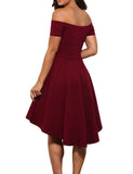 Women Cute Pleated Black Dresses Short Sleeve Front Short Long Back Slash Neck Evening Party Dress