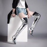 Silver mirror bright leather over the knee boots pointed high-heeled nightclub stage stiletto long tube large size women's boots