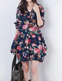 Spring large size women's V-neck loose cotton long-sleeved long temperament dress