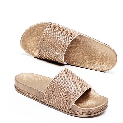Fashion Women Slippers Crystal Flat Heel Summer Shoes Female Indoor Outside Bling Beach Slides Open Toe Rhinestone Ladies Shoe