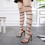 azmodo Crystal Silk Gladiator Sandals Women Snake Knee High Heels Women Sandals Open Toe Sandals Fashion Wedding Party Shoes
