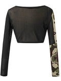 Camo Scoop Neck Mesh Patchwork Women's Cropped T-Shirt