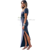 Solid color dress V-neck waist slit pencil dress