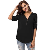 Women's zipper V-neck casual solid color chiffon shirt