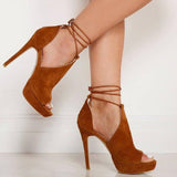 azmodo Platform Lace-Up Peep Toe Heel Sandals