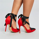 Women Red Lace-Up Pointed Toe Ankle Wrap Stiletto Heels