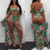 Women's Sexy Three Pieces Tops Bottoms and Floral Cover up Summer Beach Bikini Set Swimsuit