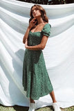 Summer Vintage Party Dress Square Collar Ruffle Elegant Sexy Dress Beach Female Green Mid Dresses Vestidos