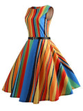 Stripe Colorful Round Neck A-Line Women's Day Dress