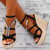 AZMODO Rhinestone Open Toe Wedge Sandals