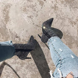 Women Ankle Boots Plus Size Rhinestones High Heels Shoes Woman Zip Pointed Toe Sexy Motorcycle Boots For Females